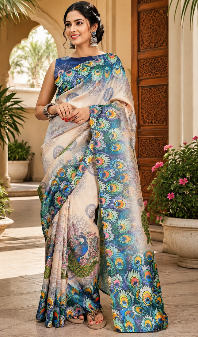 beige teal blue printed chanderi cotton ready to wear saree with unstitched blouse