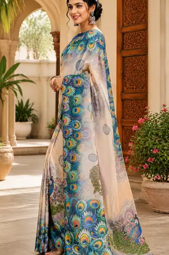 beige teal blue printed chanderi cotton ready to wear saree with unstitched blouse