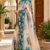 beige teal blue printed chanderi cotton ready to wear saree with unstitched blouse