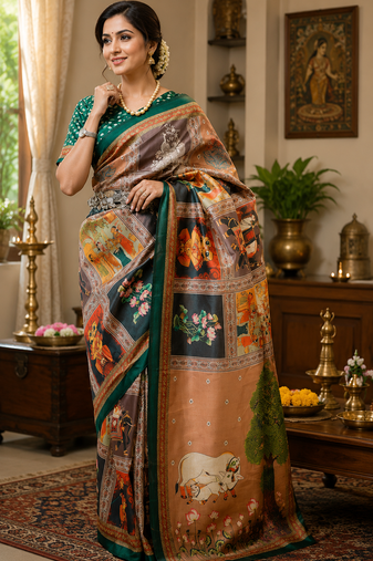 brown printed chanderi cotton ready to wear saree with unstitched blouse