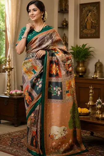 brown printed chanderi cotton ready to wear saree with unstitched blouse