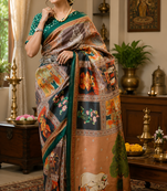 brown printed chanderi cotton ready to wear saree with unstitched blouse