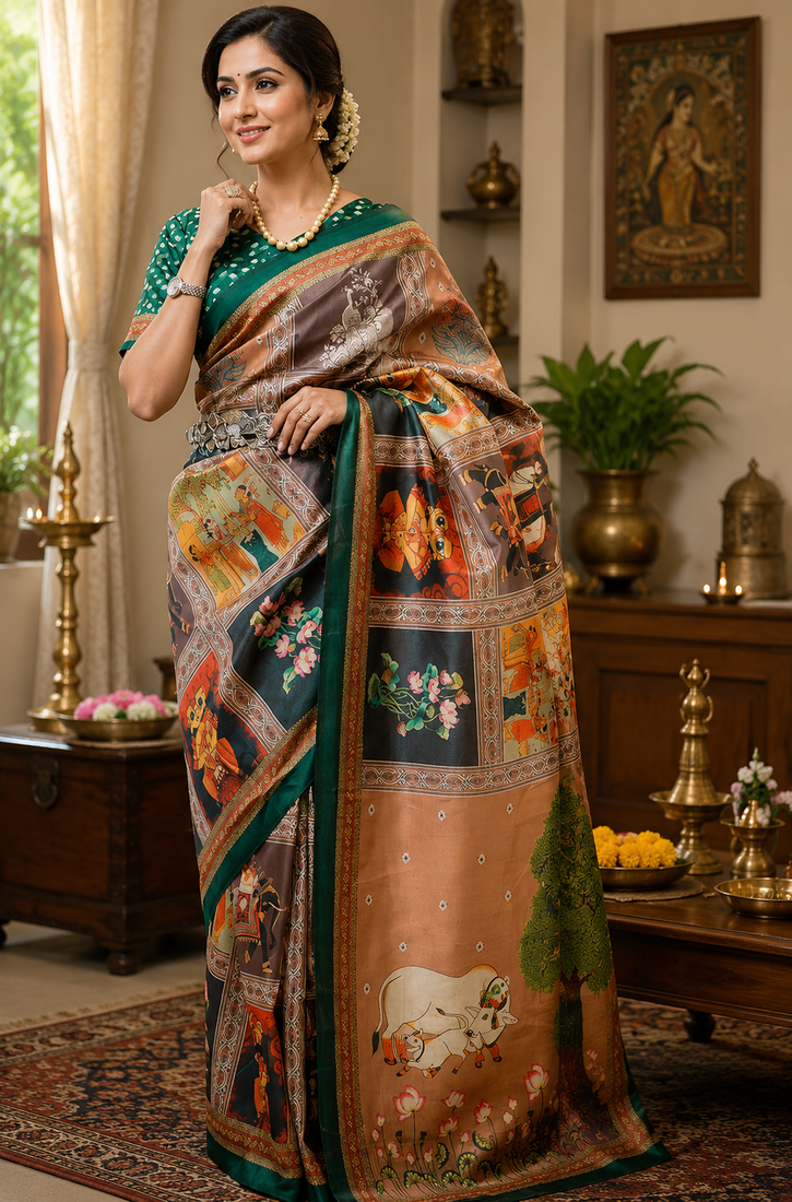 brown printed chanderi cotton ready to wear saree with unstitched blouse