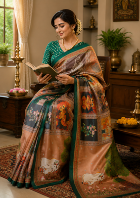 brown printed chanderi cotton ready to wear saree with unstitched blouse 2