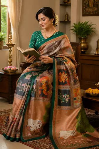 brown printed chanderi cotton ready to wear saree with unstitched blouse