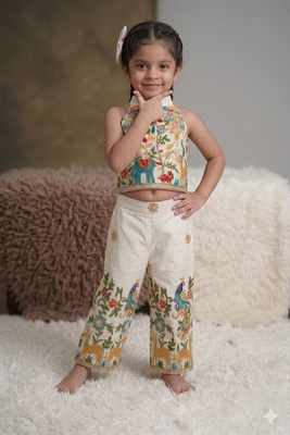 Peacock khadi cotton embroidered girls co-ord set 1