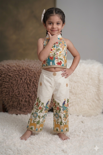 Peacock khadi cotton embroidered girls co-ord set