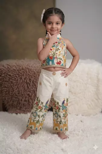Peacock khadi cotton embroidered girls co-ord set