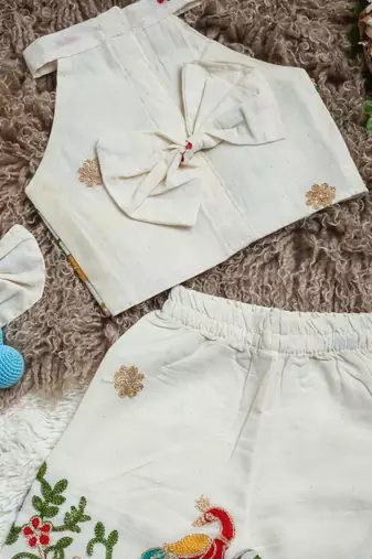 Peacock khadi cotton embroidered girls co-ord set