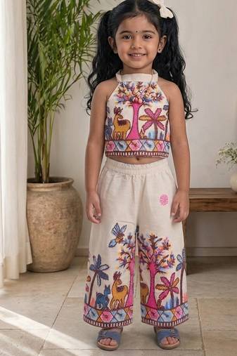 Palm khadi cotton embroidered girls co-ord set