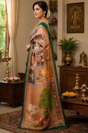 brown printed chanderi cotton ready to wear saree with unstitched blouse