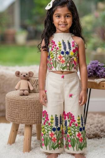 Rang basanti khadi cotton embroidered girls co-ord set with bow gift