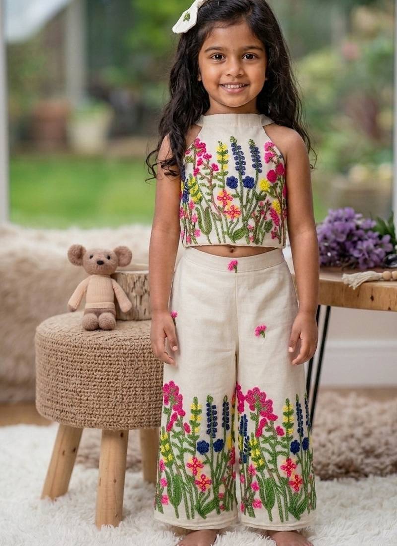 Rang basanti khadi cotton embroidered girls co-ord set with bow gift