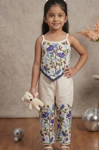 Flora khadi cotton embroidered girls co-ord set with bow gift