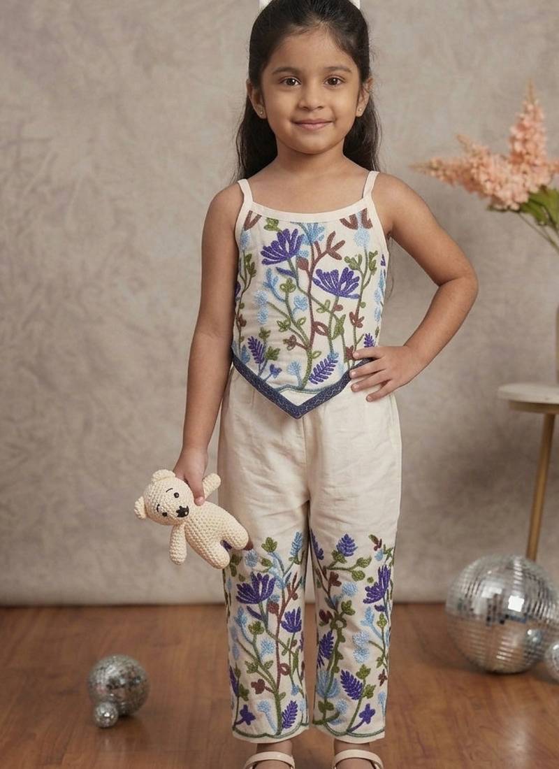 Flora khadi cotton embroidered girls co-ord set with bow gift