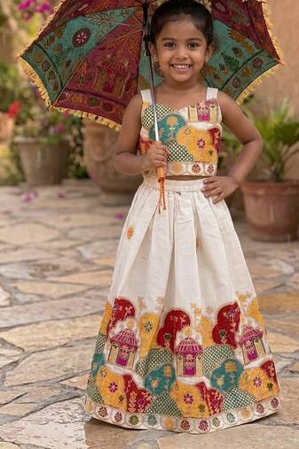Khadi cotton embroidered girls skirt set with bow gift
