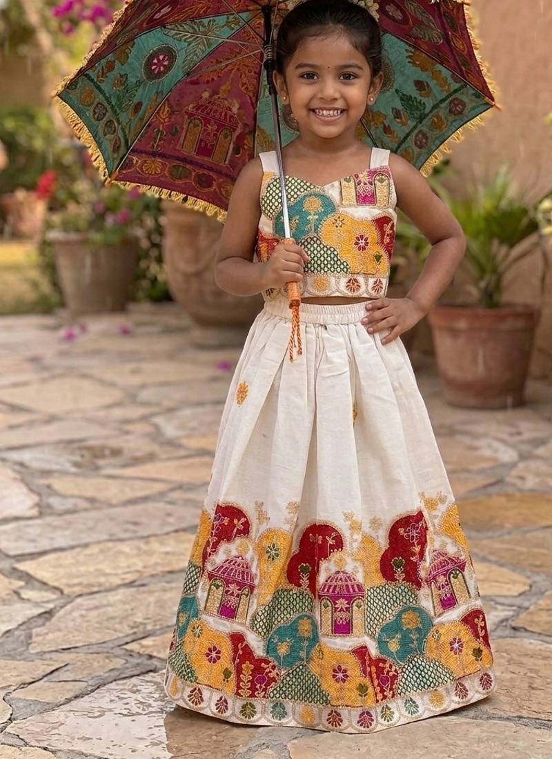 Khadi cotton embroidered girls skirt set with bow gift