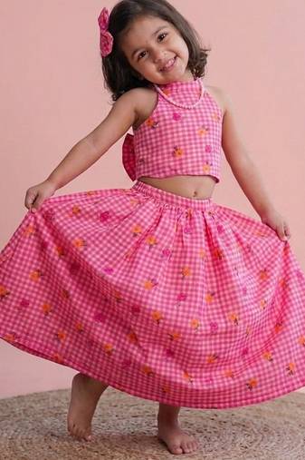 Candy crush mul chanderi floral girls skirt set with bow gift