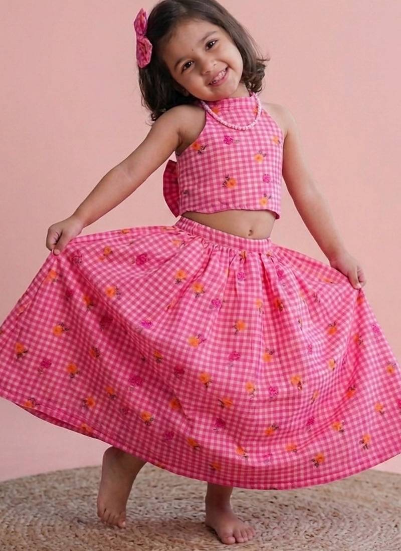 Candy crush mul chanderi floral girls skirt set with bow gift