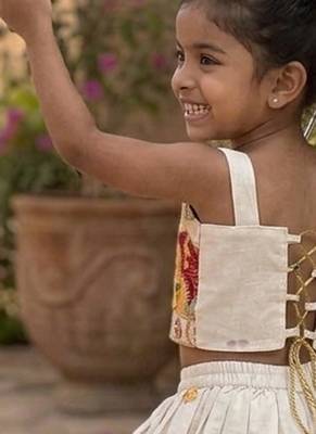 Khadi cotton embroidered girls skirt set with bow gift 2
