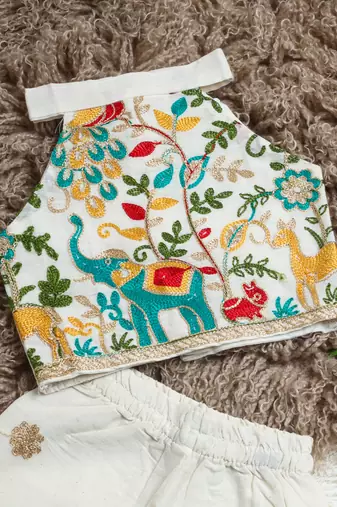 Peacock khadi cotton embroidered girls co-ord set