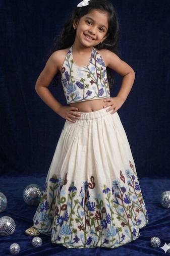 Khadi cotton embroidered girls skirt  set with bow gift