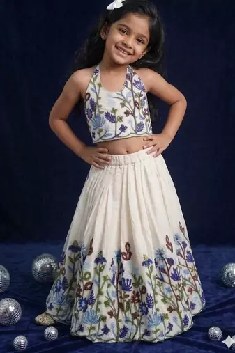Khadi cotton embroidered girls skirt set with bow gift
