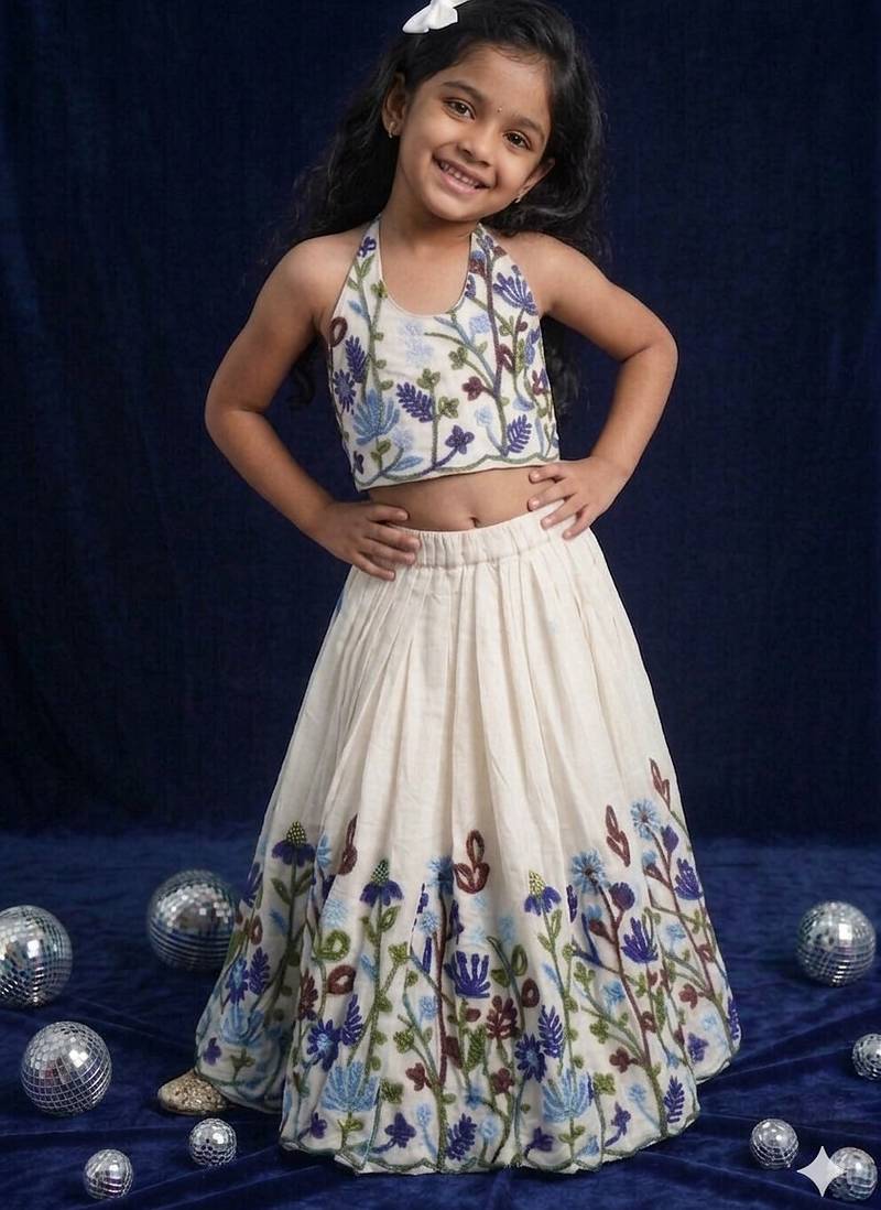 Khadi cotton embroidered girls skirt  set with bow gift