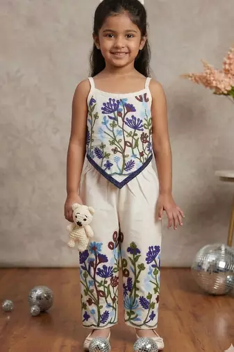 Flora khadi cotton embroidered girls co-ord set with bow gift