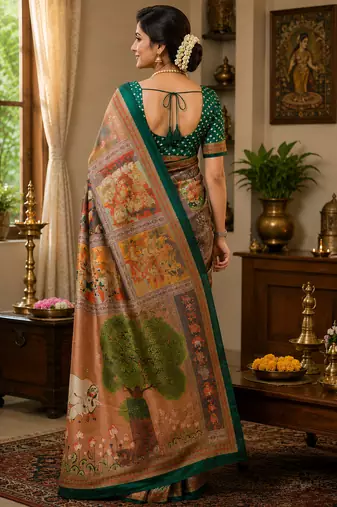 brown printed chanderi cotton ready to wear saree with unstitched blouse
