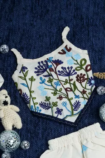 Flora khadi cotton embroidered girls co-ord set with bow gift