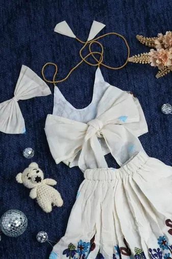 Khadi cotton embroidered girls skirt set with bow gift