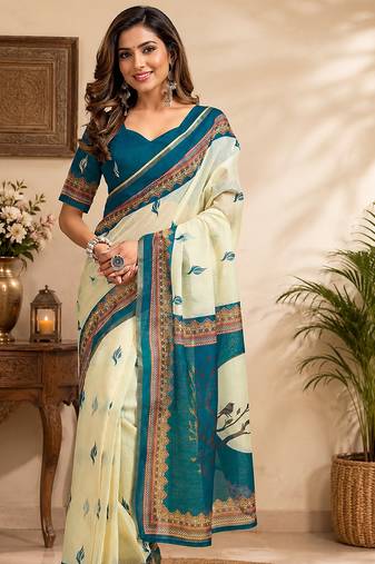 cream printed chanderi cotton ready to wear saree with unstitched blouse