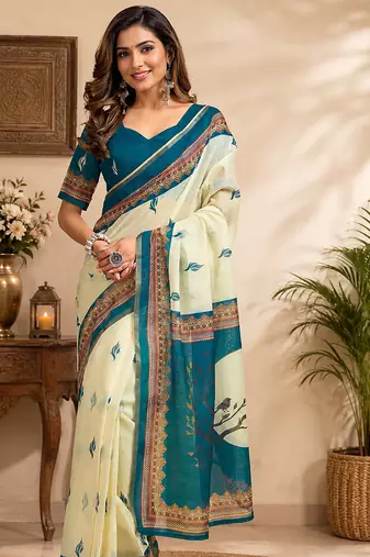 cream printed chanderi cotton ready to wear saree with unstitched blouse
