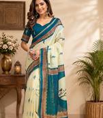 cream printed chanderi cotton ready to wear saree with unstitched blouse