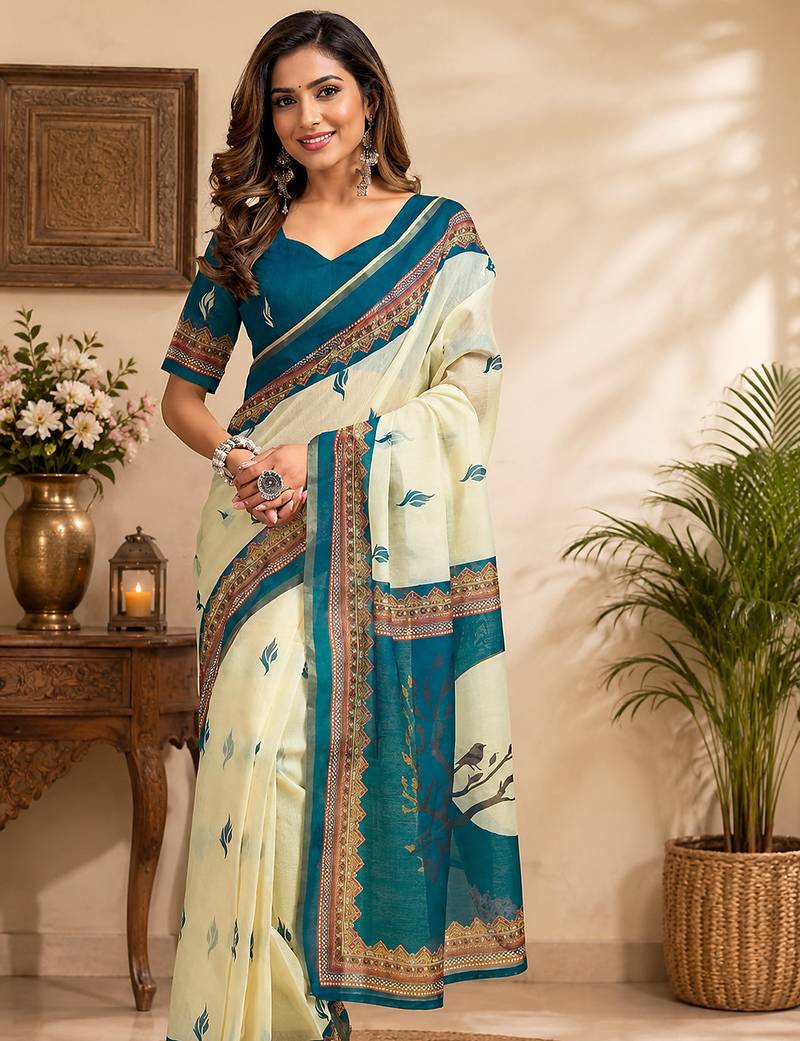 cream printed chanderi cotton ready to wear saree with unstitched blouse
