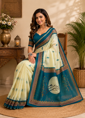 cream printed chanderi cotton ready to wear saree with unstitched blouse 2