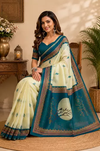cream printed chanderi cotton ready to wear saree with unstitched blouse
