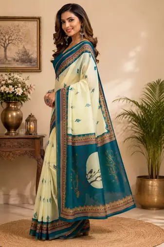 cream printed chanderi cotton ready to wear saree with unstitched blouse