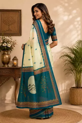 cream printed chanderi cotton ready to wear saree with unstitched blouse