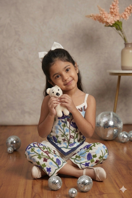 Flora khadi cotton embroidered girls co-ord set with bow gift 5
