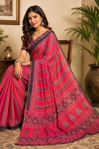 dark pink printed chanderi cotton ready to wear saree with unstitched blouse