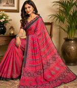 dark pink printed chanderi cotton ready to wear saree with unstitched blouse