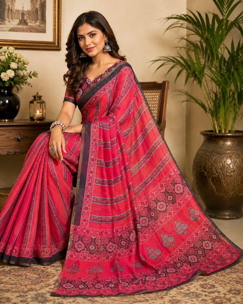 dark pink printed chanderi cotton ready to wear saree with unstitched blouse