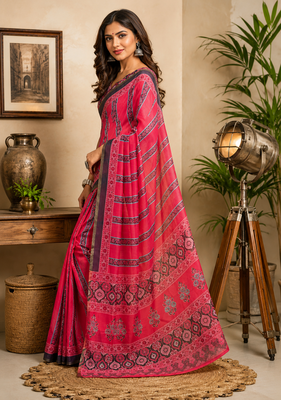 dark pink printed chanderi cotton ready to wear saree with unstitched blouse 3