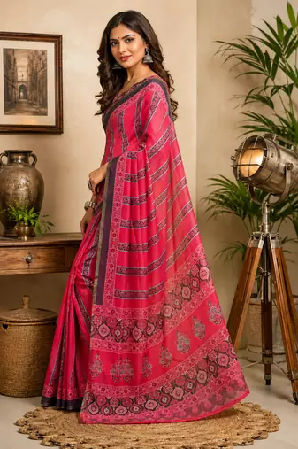 dark pink printed chanderi cotton ready to wear saree with unstitched blouse