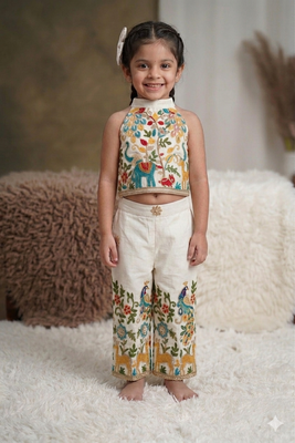 Peacock khadi cotton embroidered girls co-ord set 5