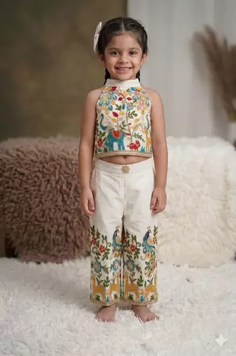 Peacock khadi cotton embroidered girls co-ord set