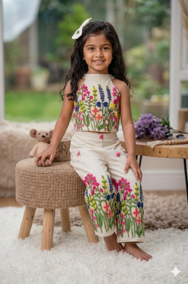 Rang basanti khadi cotton embroidered girls co-ord set with bow gift 5