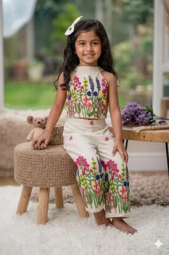 Rang basanti khadi cotton embroidered girls co-ord set with bow gift